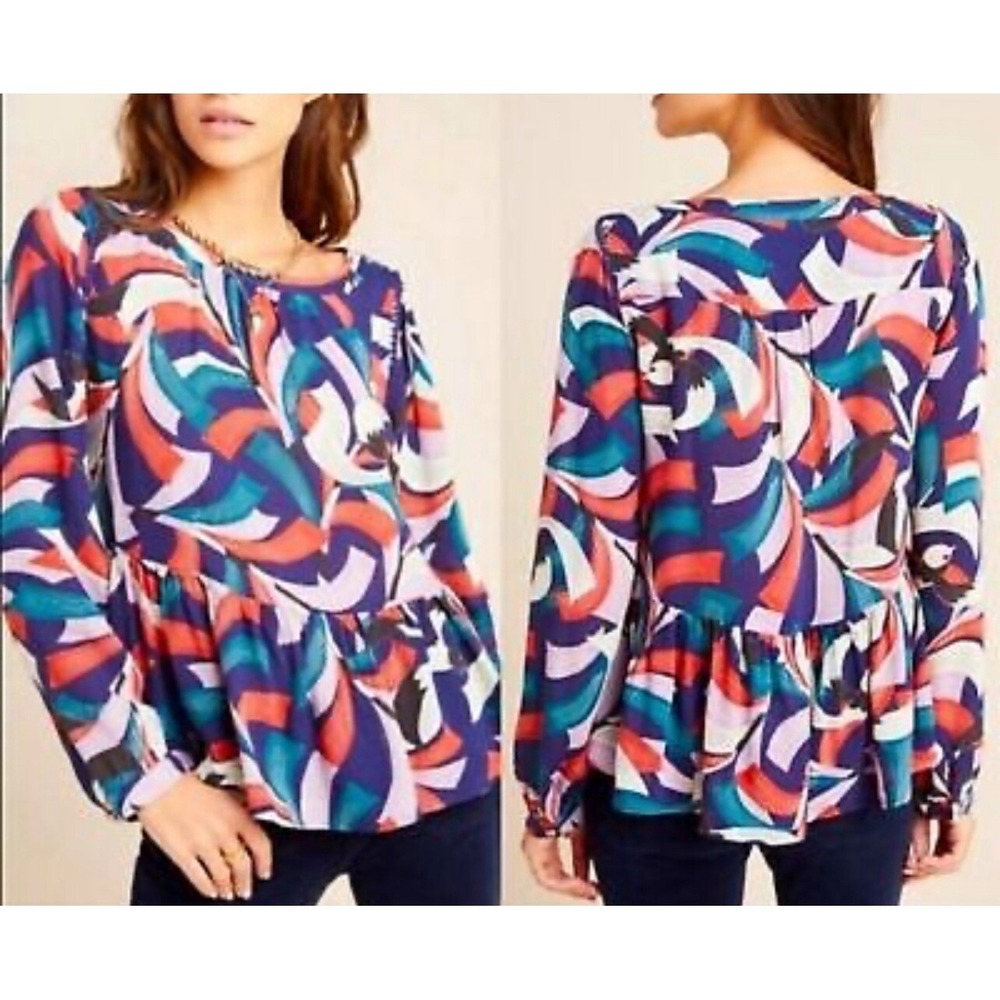 Maeve by Anthropologie Cheyenne Peplum Birds Print Blouse Size XS‎